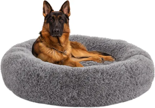 Miniatura 13 de Camas calmantes para perros grandes, cama para perros acolchonada de dona de piel sintética, almohada redonda y esponjosa, cama lavable para Marrón
