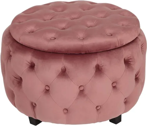 Miniatura 9 de Adeco Otomana redonda de almacenamiento, banco tapizado con botones de terciopelo con tapa extraíble, mesa auxiliar, reposapiés, asiento para sala