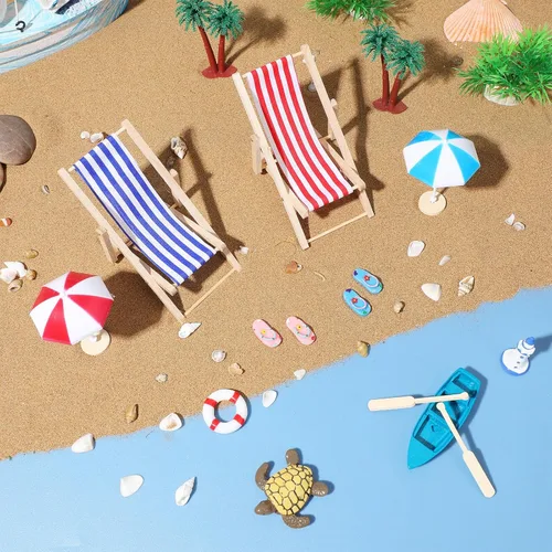 Miniatura 7 de Juego de accesorios de playa en miniatura 1 12 escala micro escena decoración con silla plegable para tomar el sol y paraguas para casa de muñecas