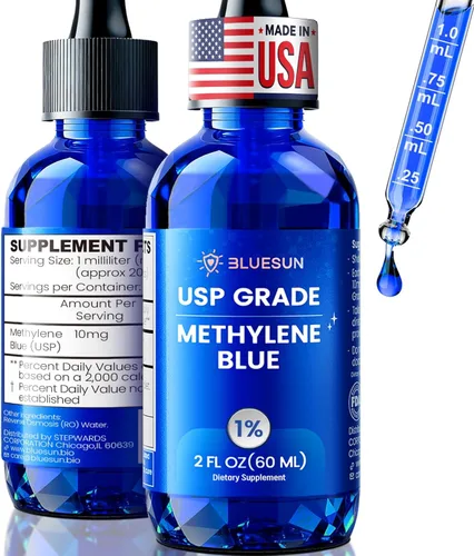 Bluesun Gotas de Azul de Metileno 1% - Grado USP 2 fl. oz (60 ml) - Tercera Parte Testada - Calidad Farmacéutica - Botella de Vidrio Ámbar - COA