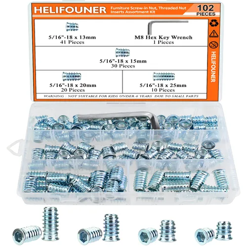 Miniatura 10 de Insertos roscados de 1/4-20, insertos de madera, insertos roscados de acero para tornillo de muebles de madera, kit de 145 piezas de insertos