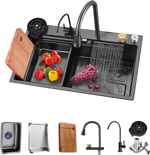 Miniatura 9 de Fregadero de cocina tipo cascada, fregadero de barra de acero inoxidable de un solo tazón negro, montaje inferior de la instalación de encimera