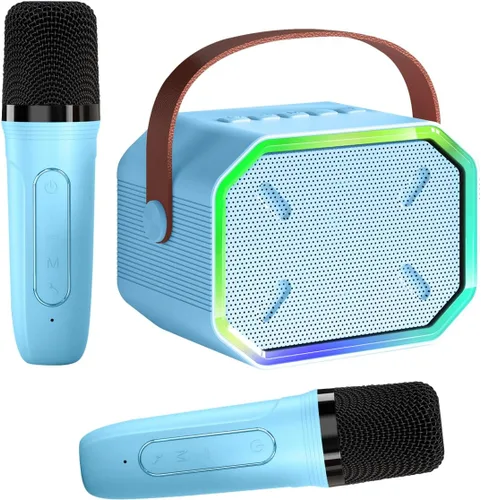 Máquina de karaoke para niños y adultos, mini altavoz Bluetooth portátil con 2 micrófonos inalámbricos, luces LED para TV, regalos para niñas y Azul