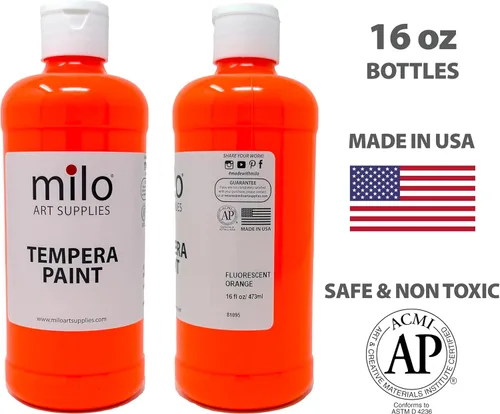 Miniatura 2 de milo Pintura de témpera fluorescente neón lavable, botellas de 16 onzas, 6 colores, fabricada en los Estados Unidos, brilla con luz ultravioleta