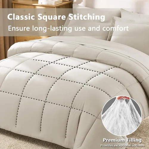 Miniatura 4 de CozyLux Juego de edredón tamaño individual XL, color beige, juego de cama de 5 piezas individual XL, juego de ropa de cama suave extra largo