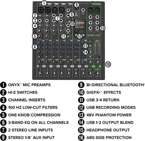 Miniatura 8 de Mackie ProFX10 GO Mezclador de Audio Analógico de 10 Canales con Batería, Bluetooth, Modos de Grabación USB-C, Efectos GigFX+, Preamplificadores