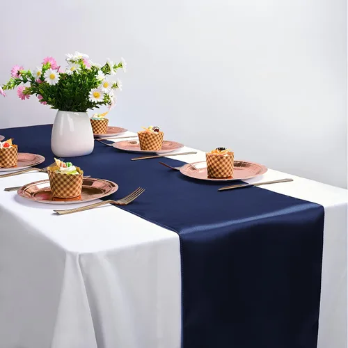 Miniatura 5 de Paquete de 10 caminos de mesa de satén azul marino de 12 x 108 pulgadas de largo para bodas, decoraciones para fiestas de cumpleaños, banquetes