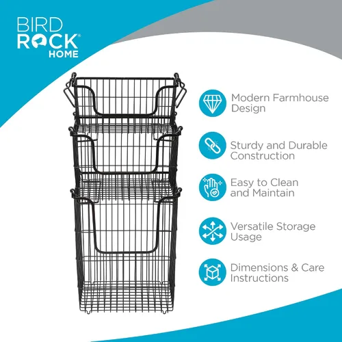 Miniatura 3 de BIRDROCK HOME Contenedores apilables de almacenamiento de alambre de 3 piezas, organizador de frutas y verduras, casa de campo moderna, armario