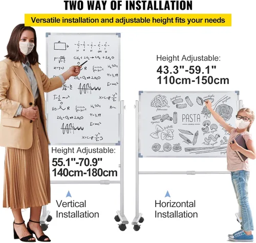 Miniatura 5 de VEVOR Pizarra blanca magnética móvil, 36 x 24 pulgadas, doble cara, pizarra de borrado en seco reversible de 360 grados, altura ajustable con marco