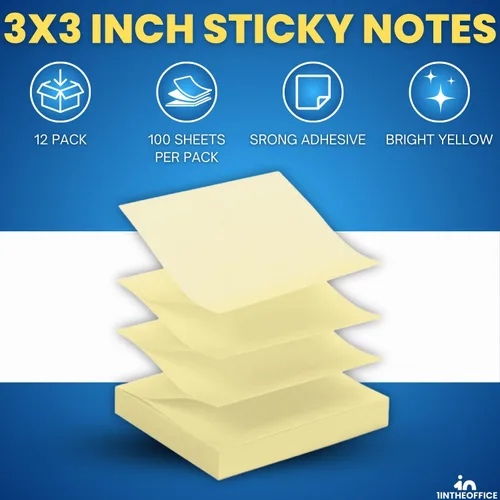 Miniatura 2 de 1InTheOffice Notas adhesivas de 3 x 3, notas adhesivas amarillas, bloc de notas autoadhesivas, 100 hojas/paquete, 12