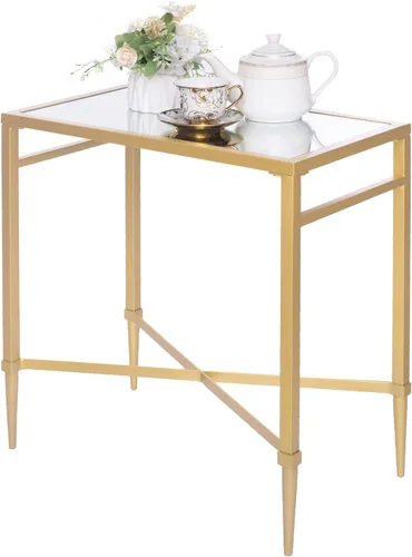 Miniatura 11 de Mesa auxiliar rectangular de 2 niveles, mesa auxiliar dorada con parte superior de cristal, mesa de centro moderna de metal transparente, mesa Dorado