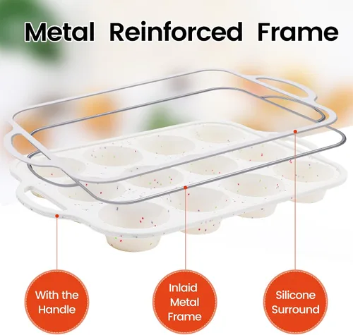 Miniatura 3 de FUNBAKY Molde de silicona para magdalenas, refuerzo de metal, tamaño regular, 12 tazas y mini 24 tazas, antiadherente, fácil de desmoldar, molde