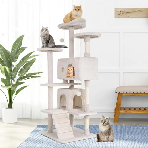Miniatura 2 de BestPet Torre para Gatos de 54" Beige Resistente, Fácil de Ensamblar, Centro de Actividades Multinivel con Postes Rascadores de Sisal, Condos