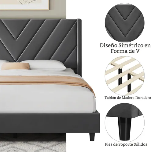 Miniatura 5 de Yaheetech Base de cama tamaño Queen con plataforma tapizada con lados en forma de ala/soporte de listones de madera/cabecera copetada con lado