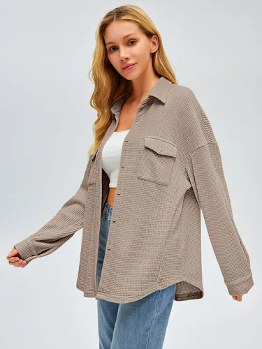 Miniatura 2 de Womens Waffle Knit Shackets Oversized Button Down Shirts Jackets Blouse Loose Fit Long Sleeve Fall Tops 2023