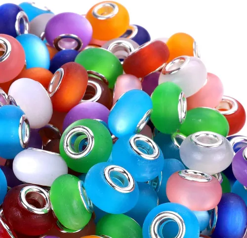 Miniatura 20 de 100 Piezas Cuentas Espaciadoras Europeas de Agujero Grande de 0.551 pulgadas, Mezcla de Colores con Núcleos de Latón Plateado Surtidos Cuentas