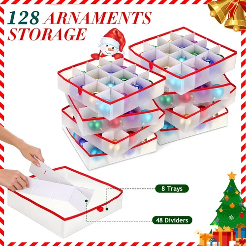 Miniatura 4 de Hosuly 2 cajas de almacenamiento de plástico para adornos de Navidad con divisores, cremalleras, 8 bandejas, 128 ranuras, contenedores