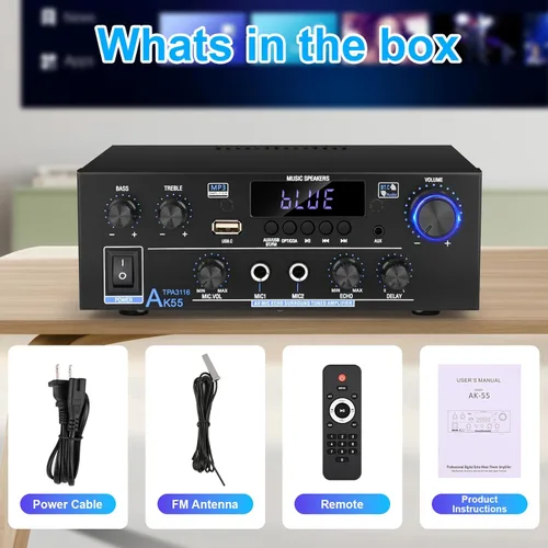 Miniatura 9 de Romica AK55 Amplificador de audio estéreo, 2 canales 500 W Bluetooth 5.0 Receptores estéreo de audio doméstico con FM, Echo, AUX, USB, SD, MIC