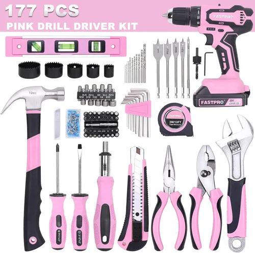 Miniatura 3 de FASTPRO Juego de herramientas para el hogar y taladro de iones de litio inalámbrico de 177 piezas de 20 V rosa con taladro en estuche