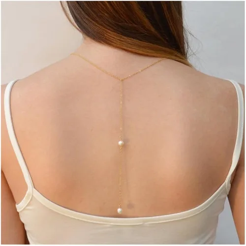 Miniatura 2 de Collar bohemio con caída en la espalda de perlas, cadena larga dorada, collar con telón de fondo de perlas, collar de boda, joyería para mujeres