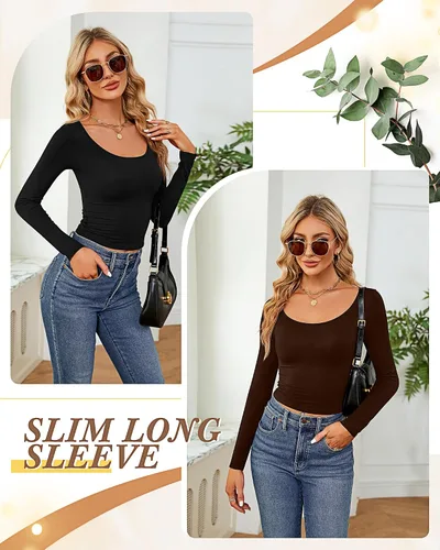 Miniatura 5 de Ficerd 3 piezas de camisetas cortas básicas de manga larga para mujer, ajustadas, cuello redondo, color liso, casual, para mujer
