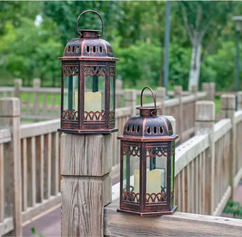 Miniatura 8 de Paquete de 2 faroles solares de bronce, faroles colgantes retro ornamentados con asa, linterna para exteriores con vela LED parpadeante, 6.60 x 6.60