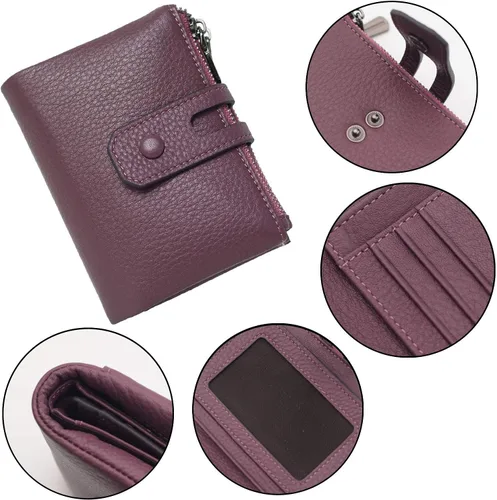 Miniatura 7 de Bveyzi - Billetera pequeña de cuero suave para mujer con bloqueo RFID, tarjetero para damas con doble bolsillo con cremallera