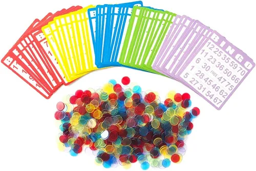 Juego de cartas de bingo Yuanhe - Incluye 50 tarjetas de bingo y 500 fichas de bingo transparentes y coloridas, para juegos de bingo y juegos de