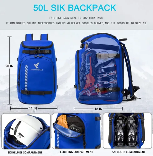 Miniatura 2 de Bolsa para botas de esquí, mochila de viaje de 50 l impermeable para botas de snowboard, casco de esquí, lentes de protección, guantes, esquís