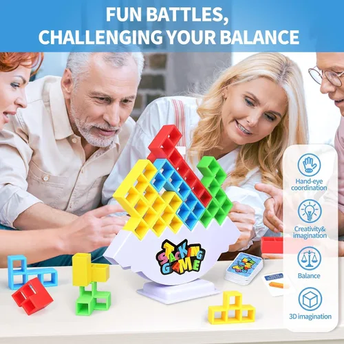Miniatura 5 de BBnote Juego de apilar de 48 piezas para adultos y niños, juegos de torre de tablero tetra para viajes familiares y fiestas, juguete de equilibrio