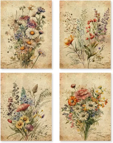 Miniatura 10 de HRQKO Juego de 4 pósteres de arte de pared de mariposa floral vintage, arte de pared floral, arte de pared retro, póster de impresión de mariposas