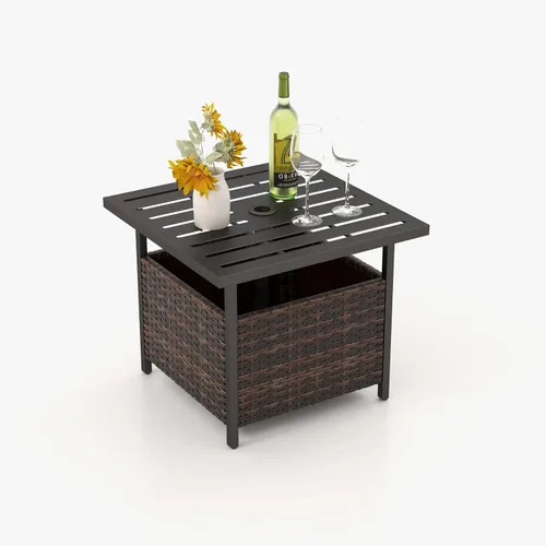Miniatura 11 de LDAILY Mesa de patio con agujero para paraguas, 22 pulgadas de profundidad x 22 pulgadas de ancho, mesa de mimbre de ratán de polietileno, mesa