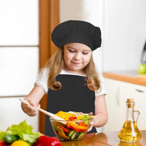 Miniatura 6 de Juego de delantal y gorro de chef para niños, delantales ajustables de algodón con bolsillo grande, delantales negros para niñas y niños, delantales