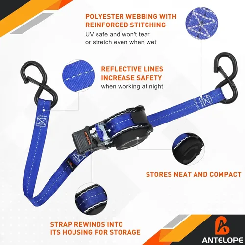 Miniatura 6 de Correas de trinquete retráctiles resistentes (paquete de 2) – Correas de amarre autorretráctiles de 1 pulgada x 12 pies con bucle suave, correas