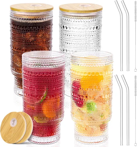 CWHHRN Vasos de vidrio de 16 onzas con tapas y pajitas, cristalería vintage en relieve para whisky, cóctel, cerveza, taza de café helado con tapa,
