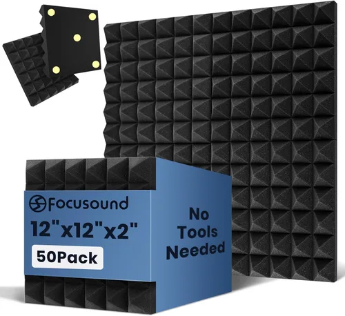 Miniatura 11 de Focusound Paneles acústicos, paquete de 24 unidades de 2 x 12 x 12 pulgadas con 120 adhesivos de doble cara, espuma piramidal a prueba de sonido