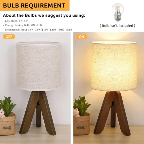 Miniatura 5 de HAITRAL Lámpara de Mesa de Trípode de Madera con Base Marrón, Pequeña Lámpara de Mesa Lámpara de Mesita de Noche con Pantalla de Tela de Lino