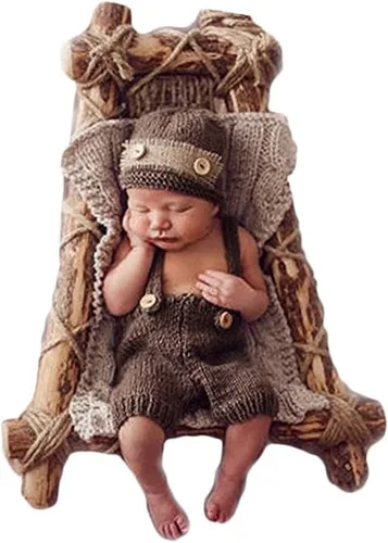 Miniatura 4 de Accesorios para sesión de fotos de bebé recién nacido, sombrero de punto de ganchillo, disfraz, sombrero de rayas, pantalones, mono, accesorios