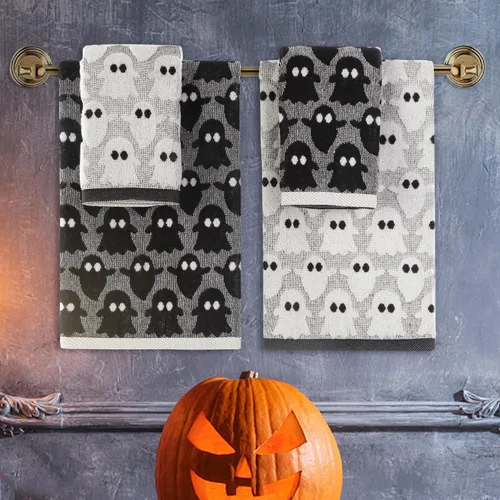 Miniatura 2 de Quera Paquete de 2 toallas de mano de Halloween, fantasma, color blanco y negro, juego de toallas decorativas para baño, para secar, limpiar