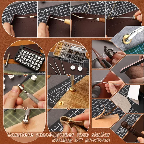 Miniatura 7 de TLKKUE Kit de Herramientas para Cuero Herramientas de Artesanía en Cuero Kit de Trabajo en Cuero con Alfombrillas de Corte de Bolso Personalizado
