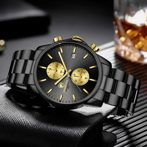 Miniatura 6 de Golden Hour Fashion Business Relojes para hombre con cronógrafo a prueba de agua de acero inoxidable reloj de cuarzo con fecha automática