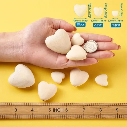 Miniatura 6 de KISSITTY 60 cuentas de corazón de madera natural, 3 tamaños, forma de corazón, sin pintar, cuentas espaciadoras de madera con agujero de 0.079