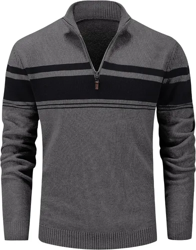 Miniatura 19 de MAGCOMSEN Suéteres de algodón con cremallera de 1/4 para hombre, suéter tipo polo, a rayas, para otoño e invierno, sudaderas cálidas