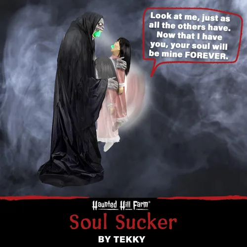 Miniatura 4 de Haunted Hill Farm Soul Sucker Demon Reaper con Niño de Tekky, Animatrónico de Halloween con Activación por Movimiento y Habla para Decoraciones