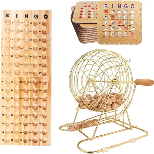 Miniatura 8 de GSE Games & Sports Expert Juego de Bingo de Lujo con Jaula Grande de Latón, 10 Tarjetas de Bingo con Ventanillas Deslizantes, Tablero Principal
