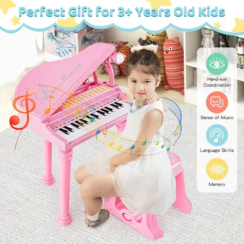 Miniatura 5 de Costzon Piano para niños, mini teclado de juguete de piano de cola de 31 teclas con micrófono, taburete y luces, piano electrónico portátil, juguete