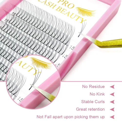 Miniatura 2 de Extensiones de pestañas postizas de volumen prefabricadas 3D-C-0.07-10 con tallo corto, extensiones de pestañas postizas en abanico prefabricadas 9