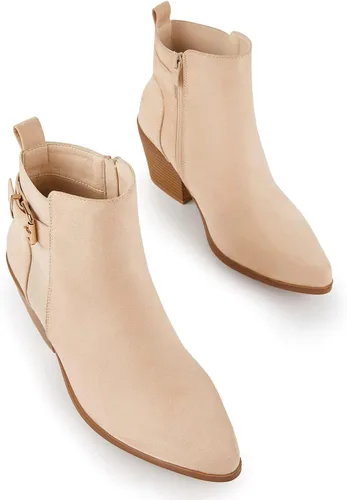 Miniatura 5 de TINSTREE Botines de punta para mujer, con botones y hebilla, para decoración de tacón grueso apilado, botines de moda con cremallera lateral, piel