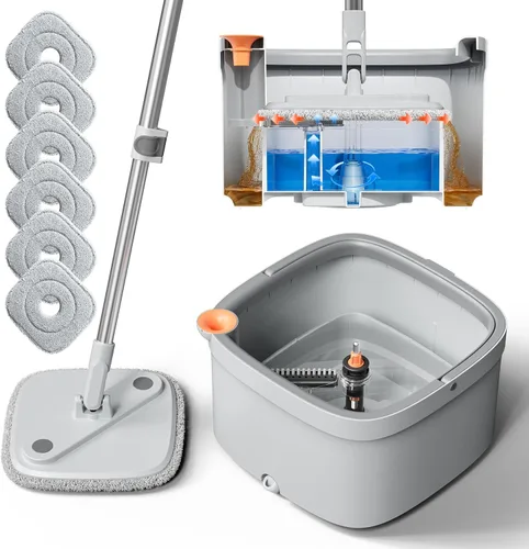 Miniatura 13 de Juego de trapeador giratorio y cubo con sistema de agua limpia y sucia de separación automática, cabezal de trapeador cuadrado giratorio de 360°