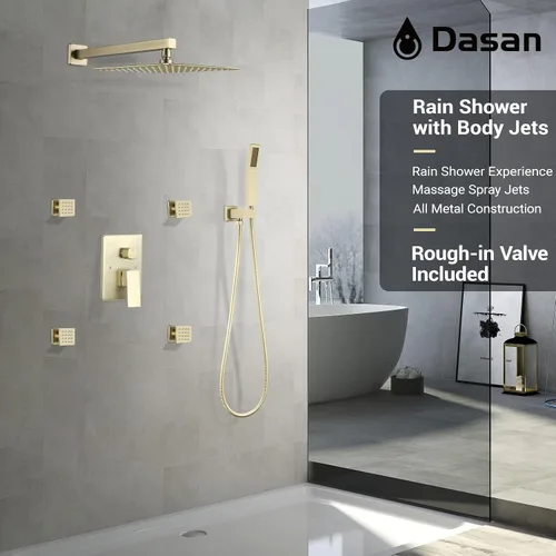 Miniatura 7 de DASAN - Sistema de ducha de lluvia de cuerpo completo con 4 chorros de ducha y cabezal de ducha de 12 pulgadas de montaje en pared y de mano, Oro